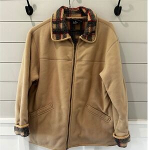COACO New York Tan Full Zip Fleece Jacket Plaid Lined Collar Cuffs Medium